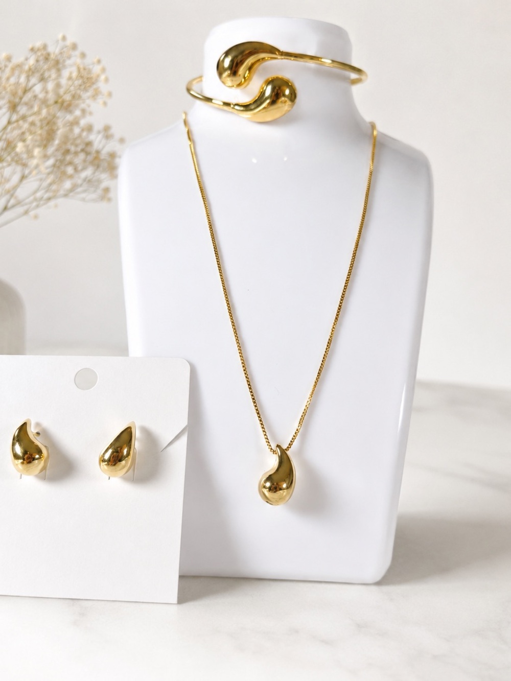 Gold Teardrop Necklace, Bracelet & Earrings Set - Women Jewelry